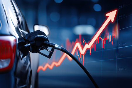 A close-up captures a gasoline pump nozzle against a vehicle, juxtaposed with a rising arrow graph. The image uses a shallow depth of field, blurring the background. The scene suggests economic concepts like increasing expenses or fuel market fluctuations. Suitable for articles on economics or commercial publications.の素材