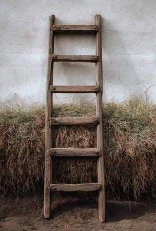 An aged wooden ladder rests against a textured wall, positioned in front of dry vegetation. The composition features warm, earthy tones and a vertical orientation. The scene suggests a blend of natural and architectural elements. This image could be suitable for various commercial and editorial applications, emphasizing texture and design.の素材