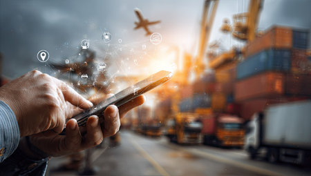A person interacts with a smartphone, overlaid with digital icons suggesting data transfer and location tracking. The composition includes a blurred background featuring shipping containers, a truck, and an airplane against a cloudy sky. The visual style uses dynamic lighting and represents the future of supply chain management, offering utility for various editorial or commercial projects.の素材