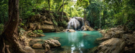 A stunning landscape presents a waterfall cascading into a serene pool of turquoise water. Abundant greenery surrounds the scene, with towering trees and dense foliage creating a natural environment. The image uses a natural light composition, offering possibilities for various commercial and editorial applications.の素材