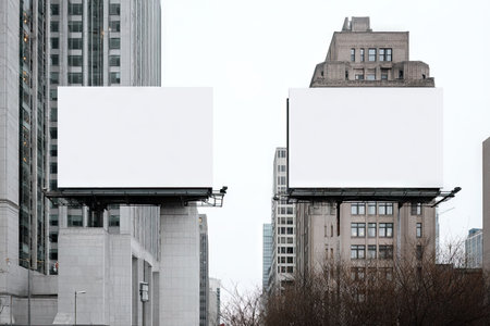 Two blank billboards are featured prominently against a backdrop of city buildings. The composition shows the structures in monochrome, with a cloudy sky providing muted lighting. The image's simplicity and the blank billboards suggest a focus on potential advertising or promotional material. This could be useful for marketing, design, or commercial projects.の素材