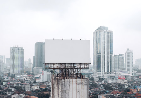 A large blank billboard stands atop a building, contrasting against a distant cityscape. The image features a predominantly gray and white palette with overcast lighting. Its composition emphasizes negative space, suitable for commercial advertising or editorial content. The shot provides copy space for visual integration.の素材
