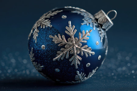 A close-up view displays a blue Christmas ornament, adorned with delicate snowflake patterns. The reflective surface catches the light, creating highlights. The composition suggests a celebratory atmosphere. Suitable for holiday-themed marketing, design projects, and decorative purposes. The ornament is set against a dark background.の素材
