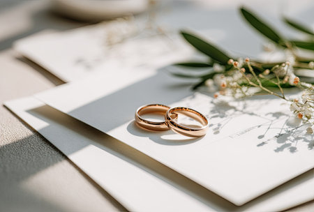Two gold wedding rings rest on a white surface, possibly a card or invitation, next to delicate floral elements. The scene is illuminated by soft daylight, casting subtle shadows. This image could be suitable for use in various contexts, including editorial content or commercial projects related to love, relationships, and celebrations.の素材