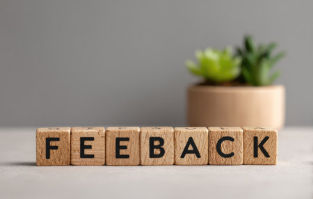 The image features wooden blocks arranged to spell the word "FEEDBACK." A small potted plant sits beside the blocks. The composition uses neutral colors and soft lighting, creating a calm and inviting atmosphere. Suitable for a variety of projects, this image could be used for websites, presentations, and marketing materials.の素材