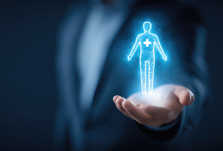 An image showcases a person's hand holding a glowing silhouette of a human figure with a plus sign, symbolizing health. The lighting emphasizes a modern, digital concept. It suggests themes like health, wellness, and medical support, perfect for use in healthcare promotions or business presentations.の素材