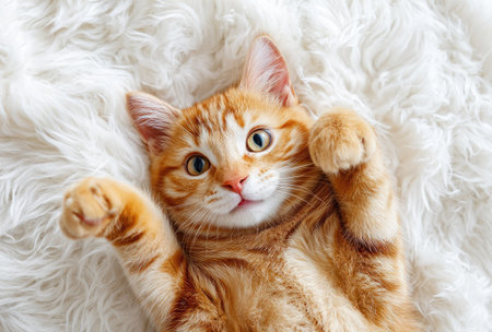 An overhead view reveals an orange tabby cat relaxed on a plush white furry surface. The cat's fur displays vibrant orange and white patterns. The image features soft lighting and a focus on texture. This picture could be used for various commercial or editorial needs.の素材