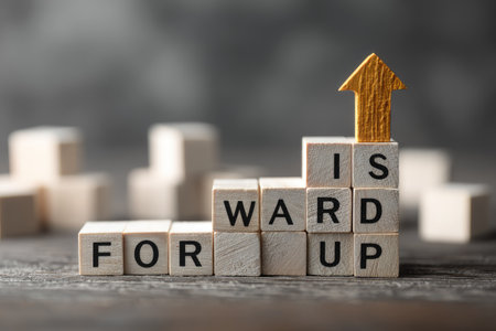 Wooden blocks arranged to spell words forming a conceptual image of upward progress and growth. An arrow sits atop the structure. The composition displays neutral tones with focused lighting and copy space. It could be useful for commercial projects related to business, finance, and success.の素材