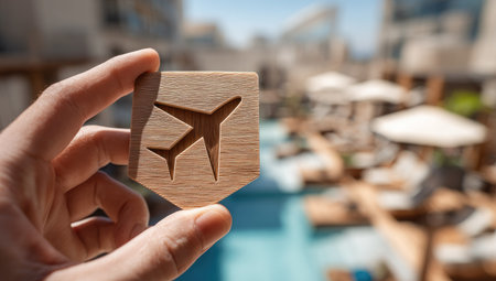 A hand holds a wooden airplane symbol with a blurred outdoor setting in the background. The image showcases natural lighting and a shallow depth of field. The subject suggests concepts of travel or tourism, suitable for diverse commercial or editorial applications.の素材
