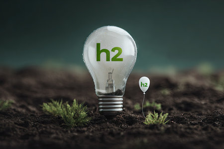 An image showcases a lightbulb, internally marked with the "h2" symbol, representing hydrogen. A small balloon mirrors the design. The composition features earthy tones, likely representing a natural setting. This conceptual art could be used to illustrate ideas around energy, innovation, or green technologies.の素材
