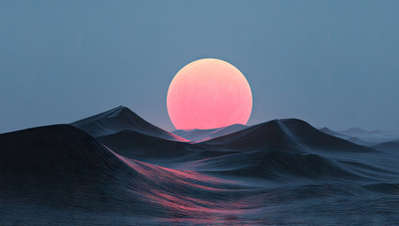 An abstract landscape portrays rolling hills under a vast sky, dominated by a large, radiant sun. The scene features cool and warm tones, evoking a sense of tranquility. This image could be used for various purposes, including graphic design, website backgrounds, and illustrations.の素材