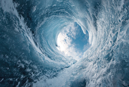 An artistic perspective reveals a frozen water tunnel with swirling patterns and varying shades of blue. The composition, taken from within, features a central opening displaying a bright sky. The image presents textures and forms with potential for use in conceptual projects and visual storytelling. The details make it suitable for a variety of creative purposes.の素材
