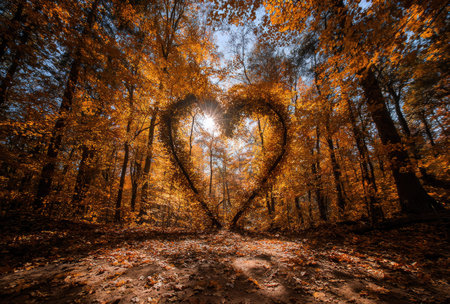 An image showcases a forest scene where trees create a heart-shaped formation, highlighted by sunlight. Warm colors dominate the composition, showcasing autumn foliage. The textures of the leaves and wood enhance the natural setting. This scene might be suitable for editorial content or creative projects emphasizing nature.の素材
