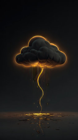 An abstract illustration depicts a dark cloud emitting golden lightning. The composition uses a minimalist style with a focus on contrasting colors and light effects. This image is suitable for a variety of creative applications including design elements and illustrations, offering flexibility for both commercial and editorial contexts.の素材