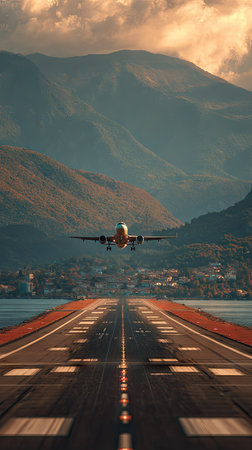 An airplane takes flight from a runway, set against a backdrop of mountains and water. The image features a symmetrical composition, with warm tones dominating the scene. The lighting suggests either sunrise or sunset, creating a dramatic atmosphere. This image could be used for various commercial or editorial purposes.の素材