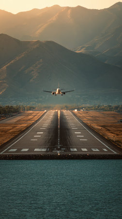 An airplane takes off from a runway, with water in the foreground and mountains in the background. The scene is bathed in warm sunlight, creating a golden glow. This image features a clear composition and could be useful for travel or transportation related projects or editorial use.の素材
