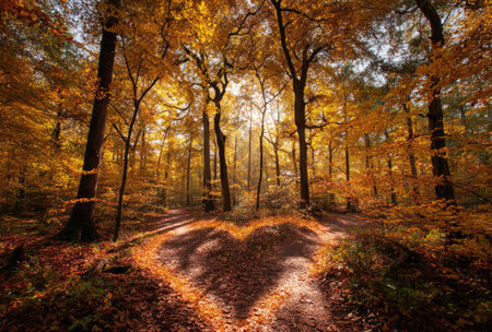 An autumn forest scene depicts a pathway with a heart-shaped shadow created by the sunlight filtering through the trees. The image showcases warm, earthy colors, dense foliage, and a composition focused on depth and light. Suitable for use in visual content relating to nature, love, or seasonal themes.の素材