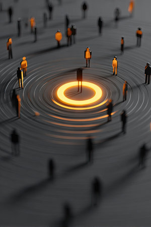 An illustration depicts numerous silhouetted figures arranged around a central, illuminated circular form. The visual elements suggest a digital or conceptual representation, utilizing shades of black and orange. The composition emphasizes depth and focus, suitable for various business or technology-related applications and design projects.の素材