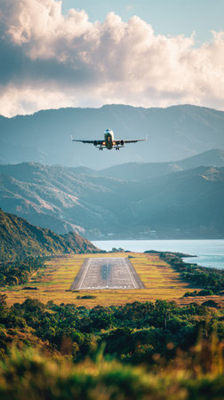 An airplane takes flight from a runway, set against a backdrop of mountains and water. The composition highlights the aircraft's ascent. The scenery features natural elements, creating a sense of scale and adventure. Ideal for travel or environmental themes, this image could be suitable for various commercial uses.の素材
