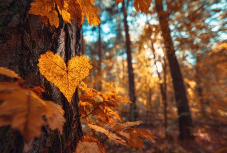 An autumn forest displays a vibrant scene featuring a heart-shaped leaf. The image showcases warm colors, with a composition bathed in sunlight. This could be used for various purposes, including editorial content or as a decorative element.の素材