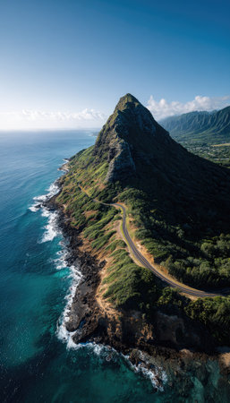 An aerial photograph showcases a rugged mountain coastline where a road snakes along the edge. The image highlights the contrast between the green slopes, the azure ocean, and the clear blue sky. This scenery could be used for travel, environmental, or landscape-themed projects, suitable for various editorial and commercial applications.の素材