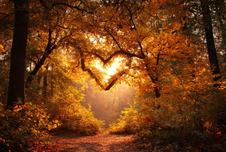 An autumn forest displays a heart-shaped arrangement of branches, framing a radiant light source. Golden and orange leaves dominate the view, enhancing a warm, inviting atmosphere. The composition features a natural path leading toward the light. Suitable for various editorial and promotional purposes.の素材