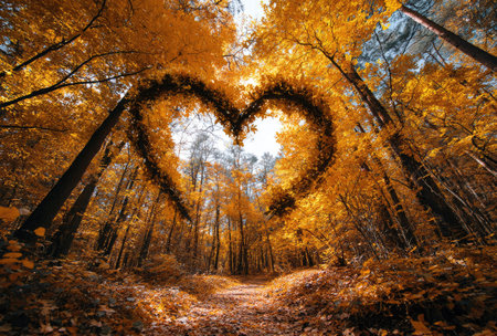An overhead shot reveals a heart-shaped arrangement of foliage in a forest setting. The scene is dominated by warm autumnal colors, with golden leaves and dappled sunlight filtering through the trees. This image could be suitable for various commercial uses, including website backgrounds and decorative elements.の素材