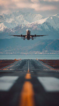 An airplane takes off from a runway, set against a backdrop of snow-capped mountains and water. The composition features a symmetrical perspective, with the runway lines leading the eye. The scene is illuminated with natural light, suggesting an outdoor environment. Suitable for commercial projects emphasizing travel and aviation.の素材