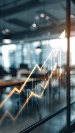An artistic representation features an ascending arrow superimposed onto a blurred office interior. The scene utilizes a gradient of blues and golds. The lighting suggests an indoor setting with potential uses in financial reports, business presentations, or promotional materials.の素材