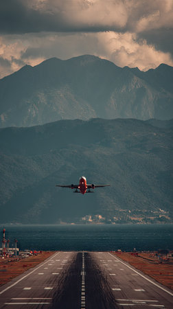 An airplane takes flight from a runway, its red fuselage contrasting with the brown pavement and the backdrop of distant mountains. The composition features a symmetrical perspective, with the runway lines leading the eye. The cloudy sky adds depth, suggesting a day setting. This image is suitable for various commercial purposes.の素材