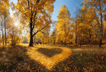 An inviting forest scene showcases vibrant autumn colors. Sunlight filters through the dense foliage, creating a heart-shaped shadow on the leaf-covered ground. The image displays a natural composition with warm hues. Suitable for diverse editorial and promotional applications.の素材