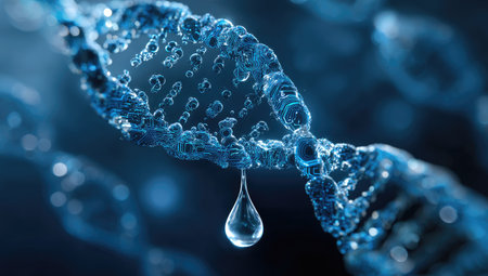 An artistic depiction presents a DNA strand with a water droplet, possibly illustrating scientific concepts. The image showcases a blue hue, intricate textures, and a macro perspective. This visualization could be applicable in scientific publications, medical presentations, or educational materials, offering a visually engaging representation.の素材