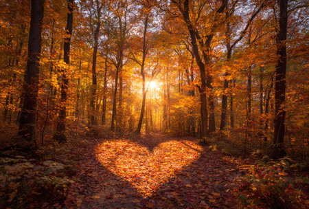 An autumn forest scene features a heart-shaped light illuminating a path. The image displays a composition of trees with golden leaves, creating a warm and inviting atmosphere. The photograph captures the interplay of light and shadow, potentially suitable for romantic or seasonal themes, and various commercial applications.の素材