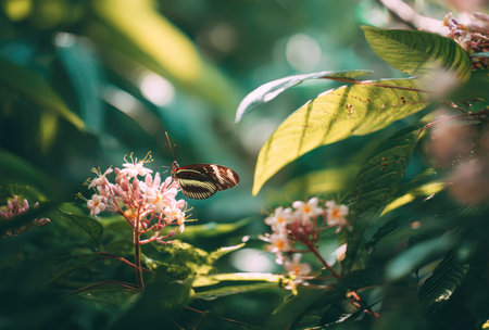 A butterfly gracefully rests on delicate flowers, surrounded by vibrant green foliage. The image captures a close-up perspective with soft lighting and blurred backgrounds, creating a sense of depth. This tranquil scene could be suitable for various uses, including editorial and commercial projects.の素材