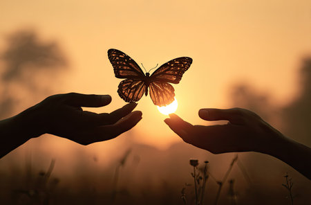 A butterfly hovers above open hands, silhouetted against a radiant sunset. The image features a warm color palette with soft textures and low lighting. This composition suggests a natural environment and could be used for various projects focused on themes like nature, freedom, or well-being.の素材
