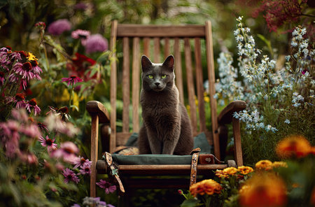 A gray cat sits perched on a wooden rocking chair, framed by a vibrant garden of flowers. The scene is illuminated by soft, natural lighting. The composition emphasizes the natural beauty, creating a peaceful ambiance. Suitable for editorial and commercial use.の素材