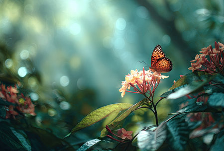 A vibrant orange and black butterfly rests upon delicate pink flowers in a garden scene. The image displays a soft-focus background of green foliage and bokeh. The lighting suggests sunlight, emphasizing textures. Suitable for illustrating nature, beauty, or serenity in a variety of visual projects.の素材