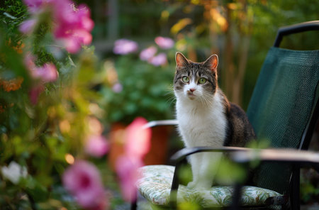 A domestic cat sits on a chair, surrounded by vibrant pink flowers and greenery. The composition features soft focus, natural lighting, and a shallow depth of field. This image could be suitable for various commercial uses, including website design, editorial content, and advertising materials.の素材