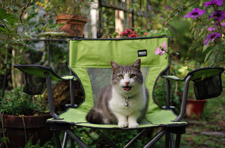 A domestic cat is sitting on a green folding chair in an outdoor setting. The image features a vibrant color palette of greens, browns, and purples with natural lighting. The composition suggests a relaxed atmosphere, suitable for editorial content or use in commercial projects. The scene has copy space and vibrant colors.の素材