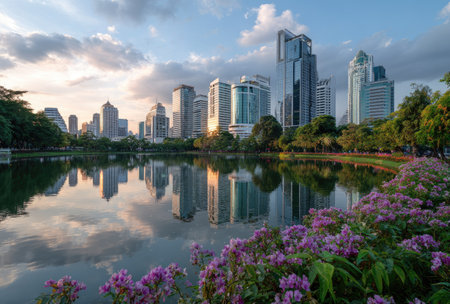 A cityscape featuring modern skyscrapers is reflected in a tranquil lake. The composition highlights a balance between urban architecture and the natural environment, with trees and flowers framing the foreground. This image, with its vibrant colors and serene atmosphere, is suitable for various commercial uses.の素材