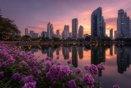A cityscape is reflected in still water, featuring modern buildings under a sky painted with vibrant sunset colors. Purple flowers bloom in the foreground, adding a natural element to the urban view. The image showcases a sense of peace and could be utilized for various commercial and editorial purposes.の素材