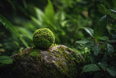 A textured stone sphere covered in vibrant green moss rests atop a larger mossy rock formation. The image showcases natural textures and a rich color palette dominated by greens. The composition suggests an outdoor environment, possibly a garden or forest setting, suitable for various editorial and commercial applications.の素材