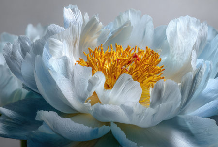 A detailed image showcases a peony flower in full bloom, featuring soft blue petals surrounding a vibrant yellow center. The composition highlights the intricate textures and forms, illuminated by subtle lighting. This image is suitable for various commercial uses, including decorative prints and website design elements.の素材