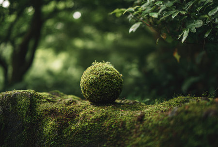 A close-up shot captures a round, moss-covered object situated within a green, natural outdoor environment. The texture of the moss is highly detailed, with soft lighting enhancing the color. The scene implies a secluded, natural setting, potentially suitable for editorial content or creative projects.の素材
