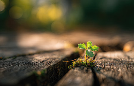 A small plant is seen growing on a textured, weathered wooden surface. The composition utilizes a shallow depth of field, with the plant in sharp focus. Warm sunlight bathes the scene, highlighting the green leaves. This image can be used for projects related to nature, growth, or sustainability.の素材