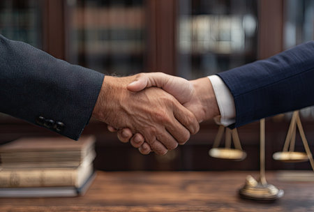 Two people are shaking hands, emphasizing agreement. The image focuses on their hands, showcasing details in texture and form. The lighting suggests an indoor setting, possibly an office or meeting room. The image conveys a sense of cooperation, potentially suitable for commercial and editorial applications.の素材