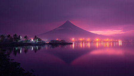 A striking nighttime landscape features a towering mountain reflected in still water under a purple-hued sky. The composition emphasizes the contrast between the dark silhouette of the mountain and the illuminated shoreline. Suitable for editorial and commercial applications requiring a visual representation of nature and serenity.の素材
