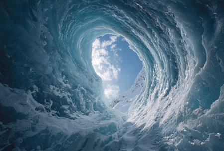 An impressive view depicts the inside of a large ocean wave as it curls and crashes. The image presents shades of blue and white, with visible texture. The composition offers an overhead perspective, revealing a glimpse of the sky. Suitable for use in various commercial and editorial contexts.の素材