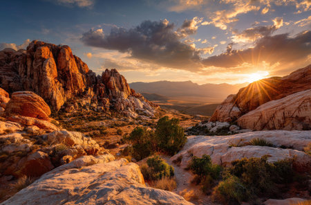 The image showcases a majestic mountain landscape under a brilliant sunset. The scene is dominated by rocky formations and a valley, bathed in warm orange and gold light. The composition features a dynamic interplay of light and shadow, with a focus on natural textures and details. This could be useful for travel or environmental publications.の素材