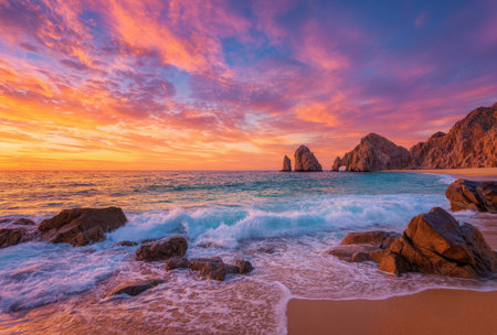 An awe-inspiring coastal scene displays a vibrant sunset over the ocean. Waves gently roll onto a sandy beach, interspersed with rocky formations. The composition uses warm orange and pink hues contrasting with the cool blue of the water. Suitable for various editorial and commercial applications.の素材